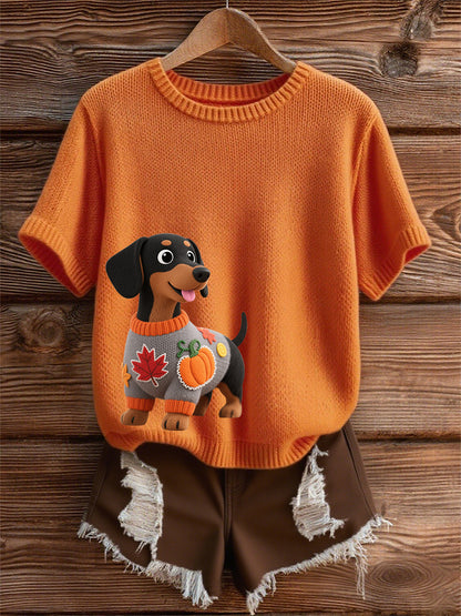 Femme Automne Chien Art Imprimer manches court-chemise