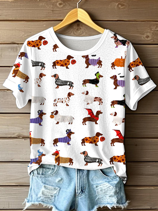 T-shirt à imprimé teckel Halloween pour femmes