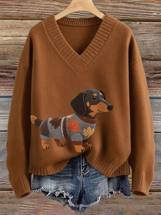 Femmes Automne Chien Art Imprimer manches longues col en V Imitation Pull