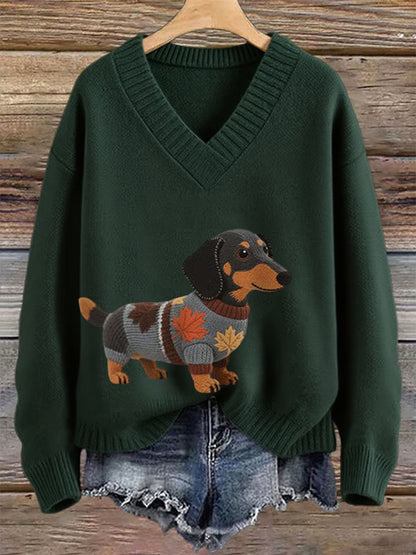 Femmes Automne Chien Art Imprimer manches longues col en V Imitation Pull