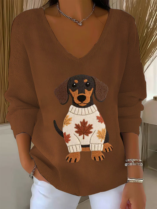 Femmes Automne Chien Art Imprimer V-Neck Haut côtelé
