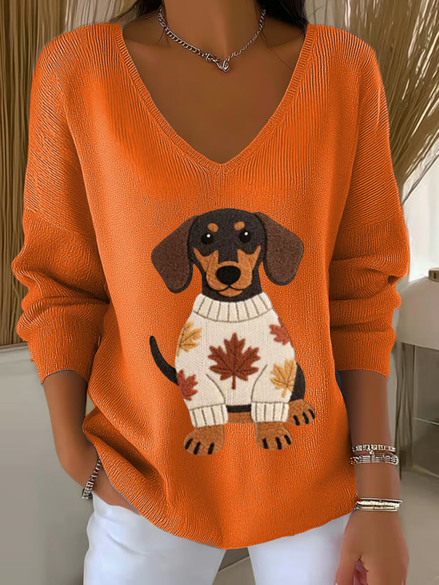 Femmes Automne Chien Art Imprimer V-Neck Haut côtelé