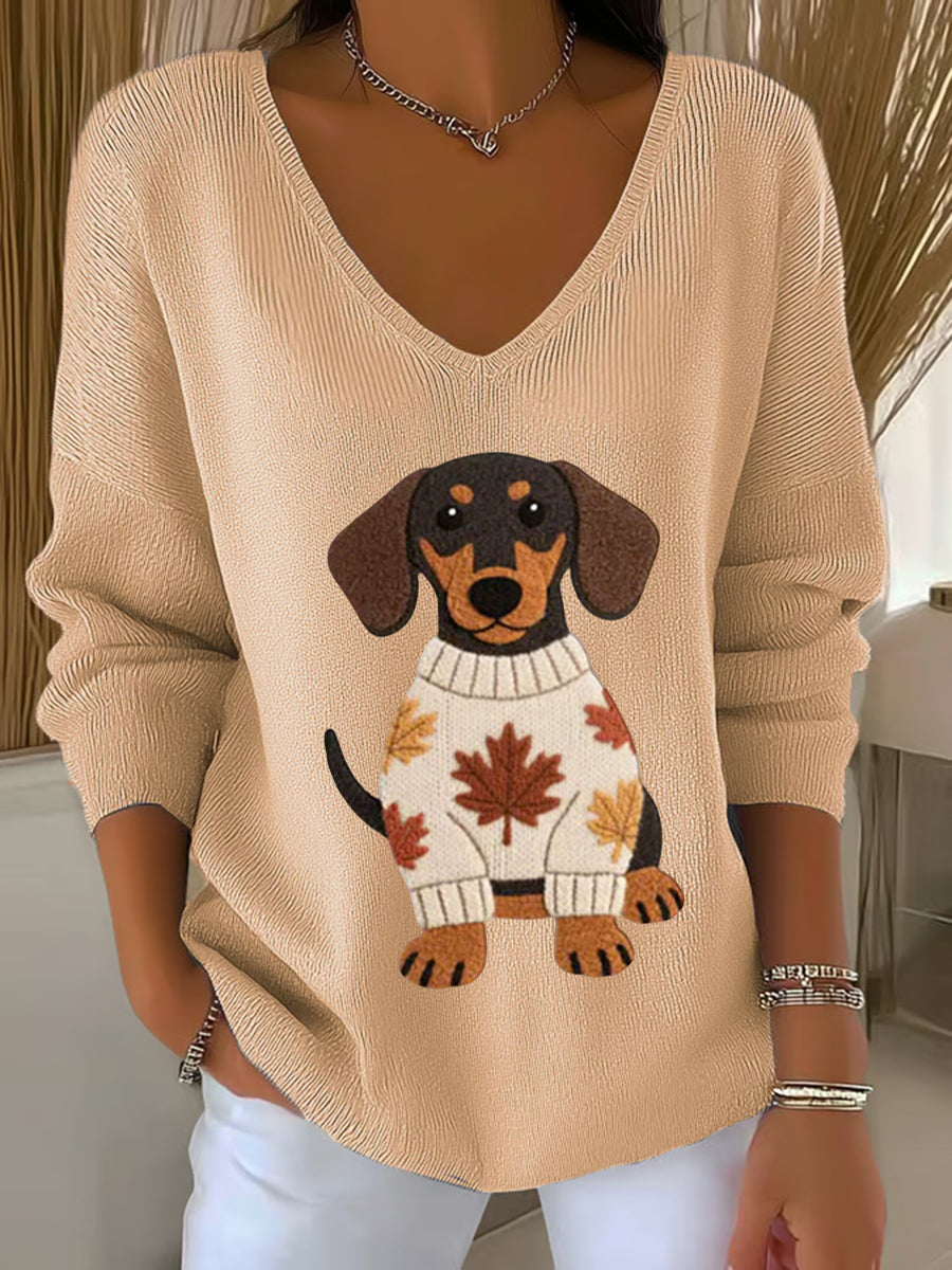 Femmes Automne Chien Art Imprimer V-Neck Haut côtelé