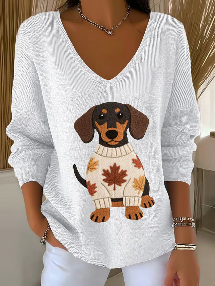 Femmes Automne Chien Art Imprimer V-Neck Haut côtelé