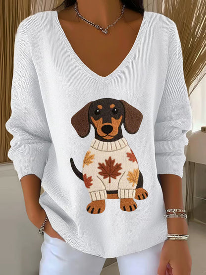 Femmes Automne Chien Art Imprimer V-Neck Haut côtelé