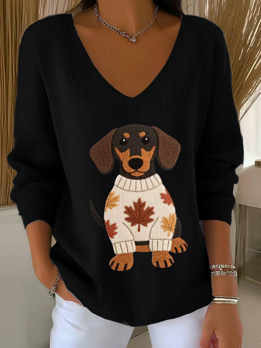 Femmes Automne Chien Art Imprimer V-Neck Haut côtelé