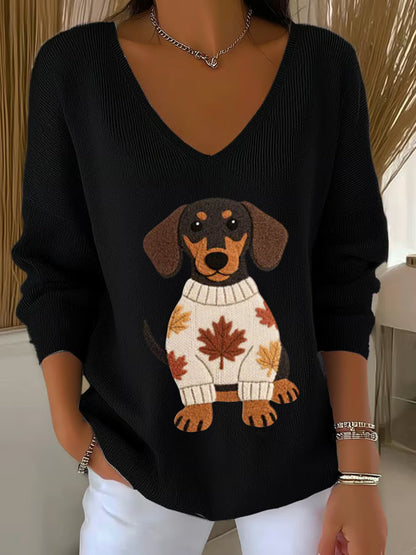 Femmes Automne Chien Art Imprimer V-Neck Haut côtelé