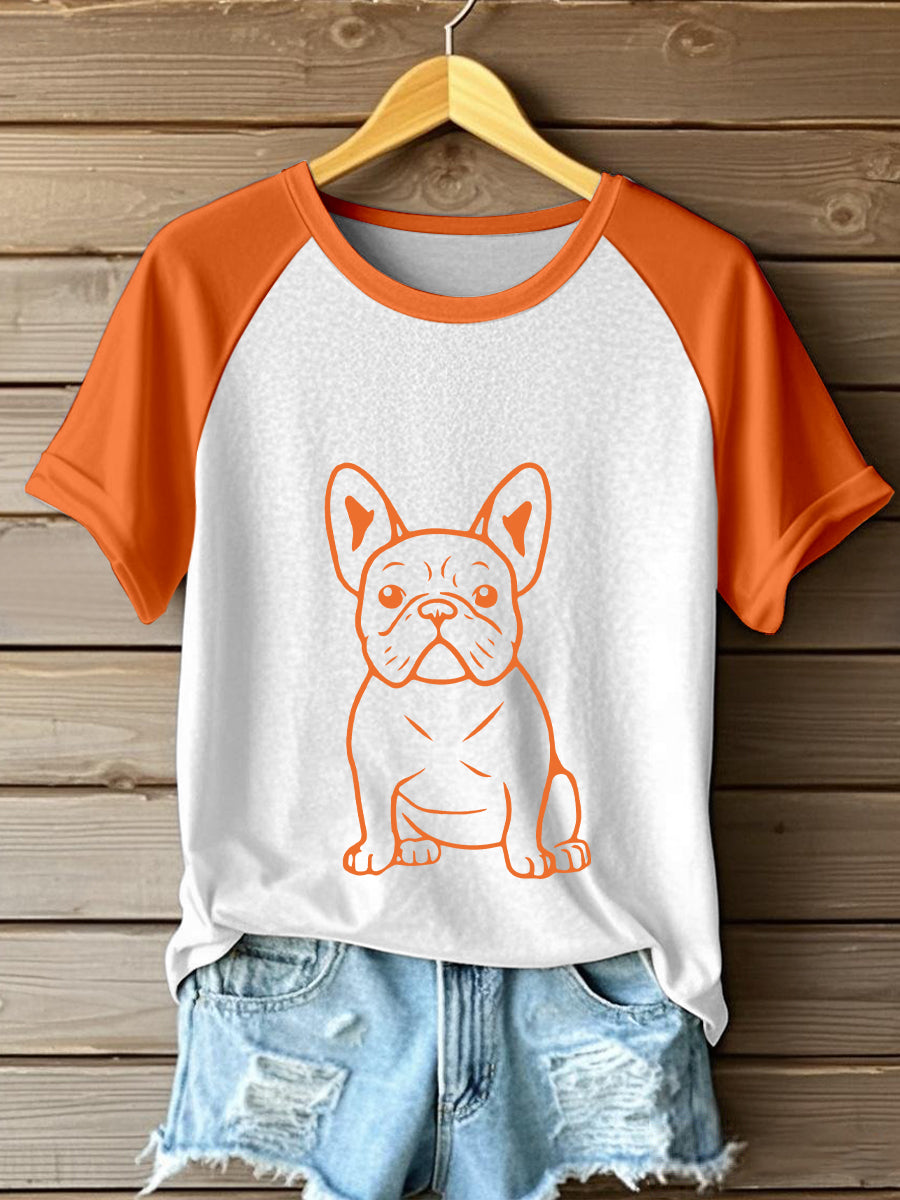 T-Shirt Femme Ligne Art Bouledogue Français Imprimer Contraste