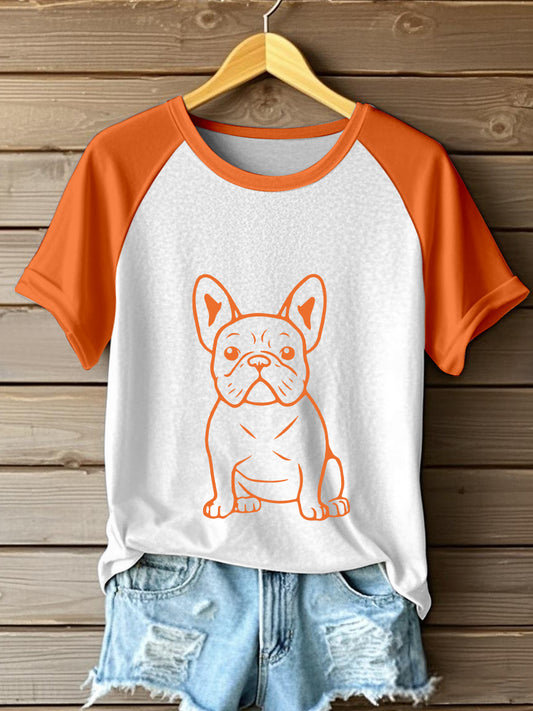 T-Shirt Femme Ligne Art Bouledogue Français Imprimer Contraste