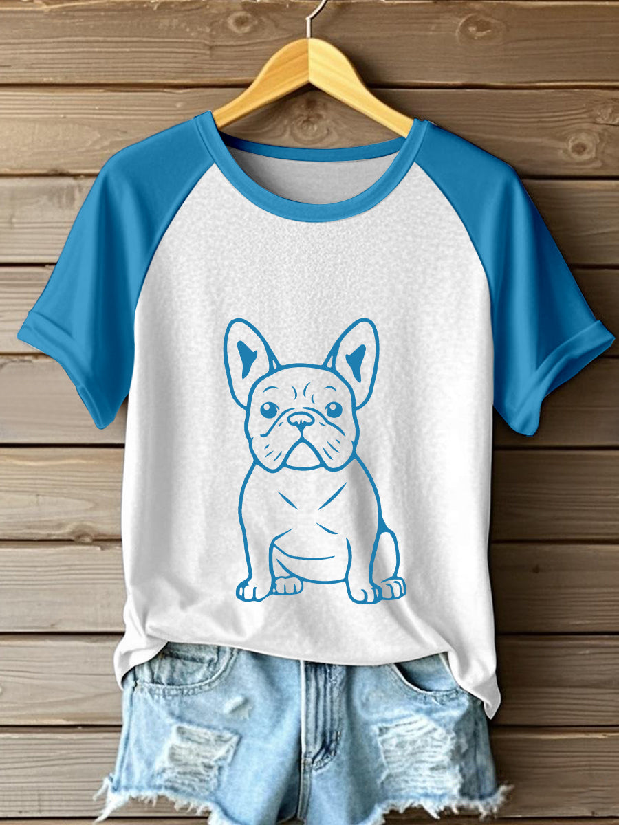T-Shirt Femme Ligne Art Bouledogue Français Imprimer Contraste