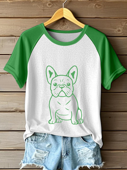 T-Shirt Femme Ligne Art Bouledogue Français Imprimer Contraste
