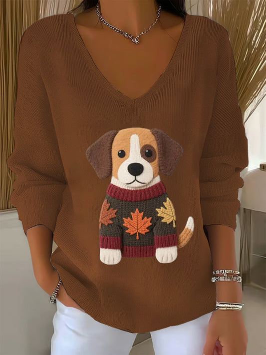 Femmes Automne Chien Art Imprimer V-Neck Haut côtelé