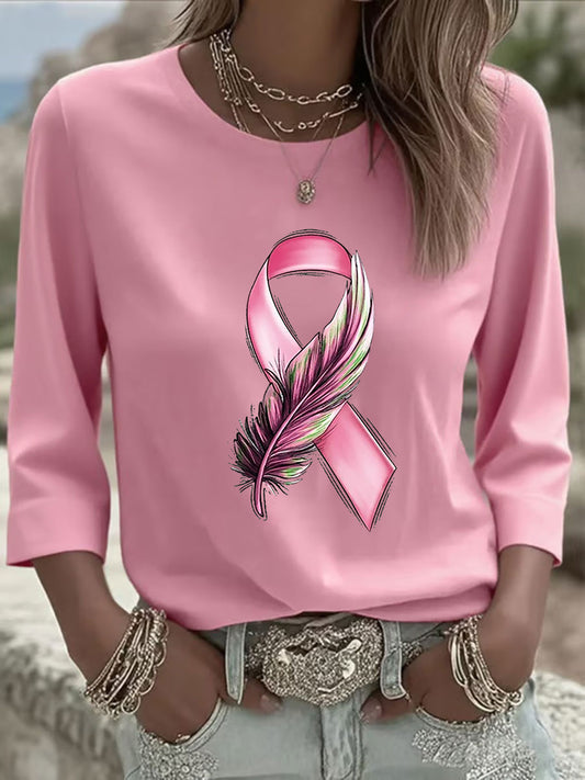 Sensibilisation au cancer du sein des femmes Rose Ruban Imprimé Chemise à manches longues