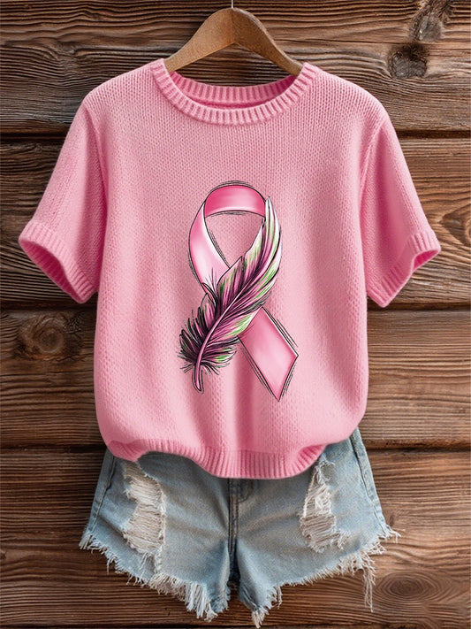 T-shirt femme ruban rose à manches courtes sensibilisation au cancer du sein