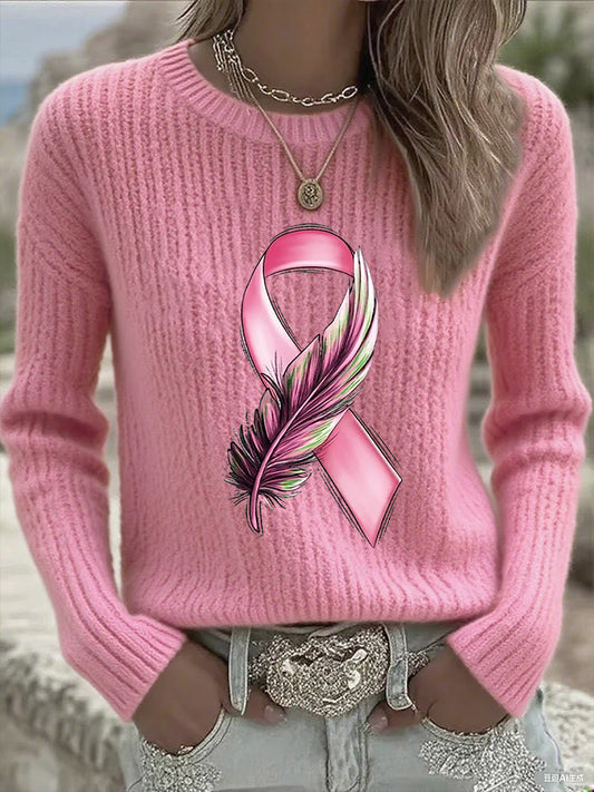 T-shirt à manches longues pour femmes avec ruban rose et sensibilisation au cancer du sein