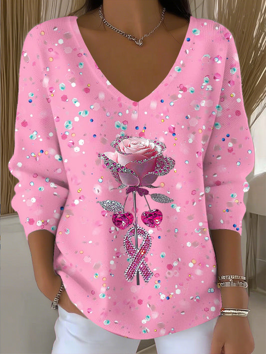 Vintage Pink Sequin Floral Art V-Neck Top des femmes
