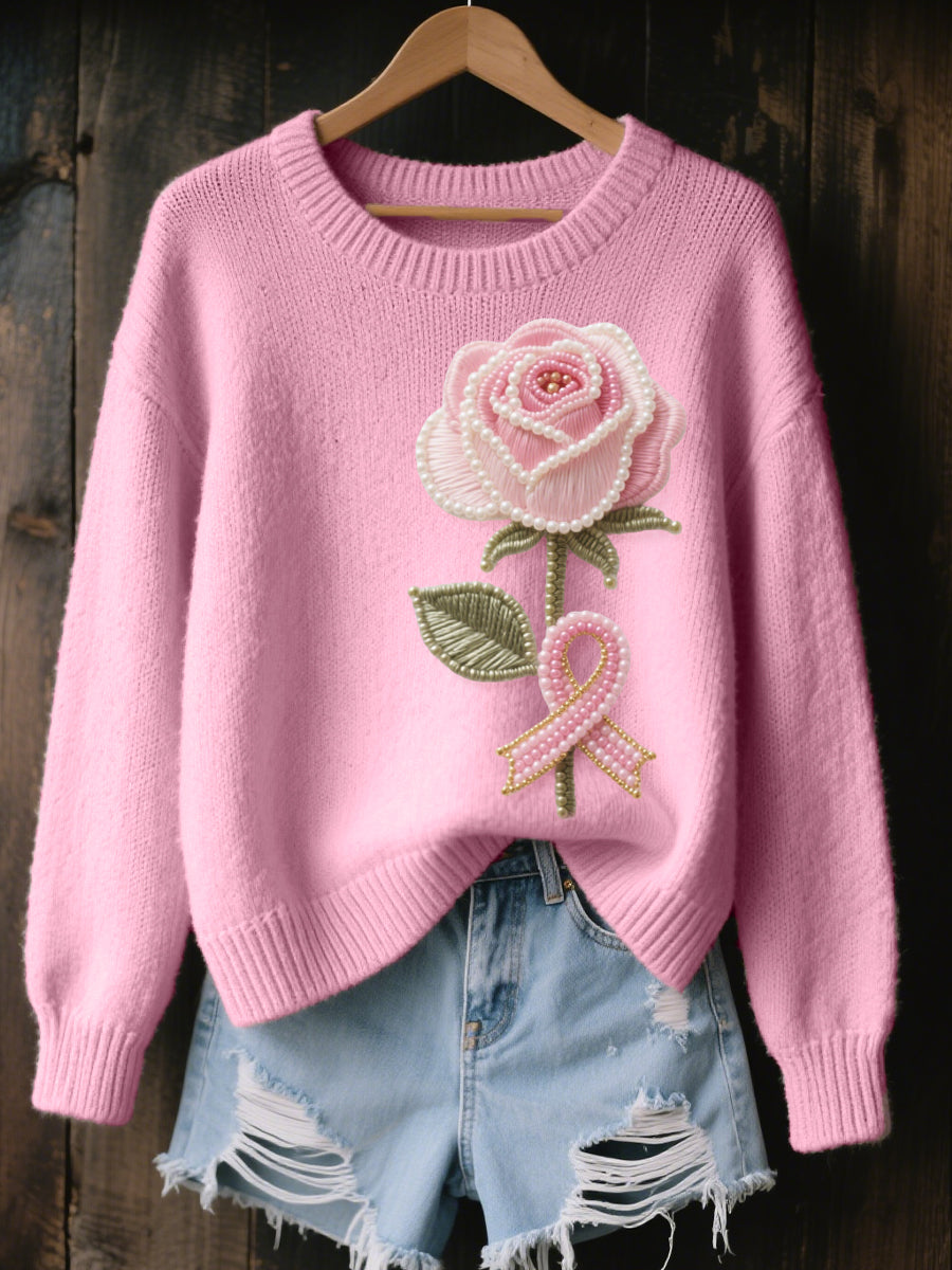 Pull en tricot confortable brodé rose rose perlé pour femme