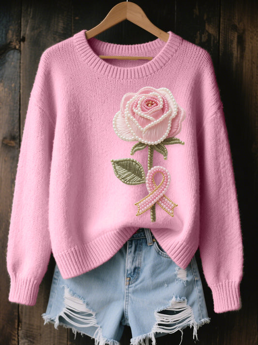 Pull en tricot confortable brodé rose rose perlé pour femme