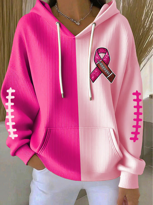 Women's Breast Cancer Awareness Rugby Rose Ruban Imprimer Casual Hoodie