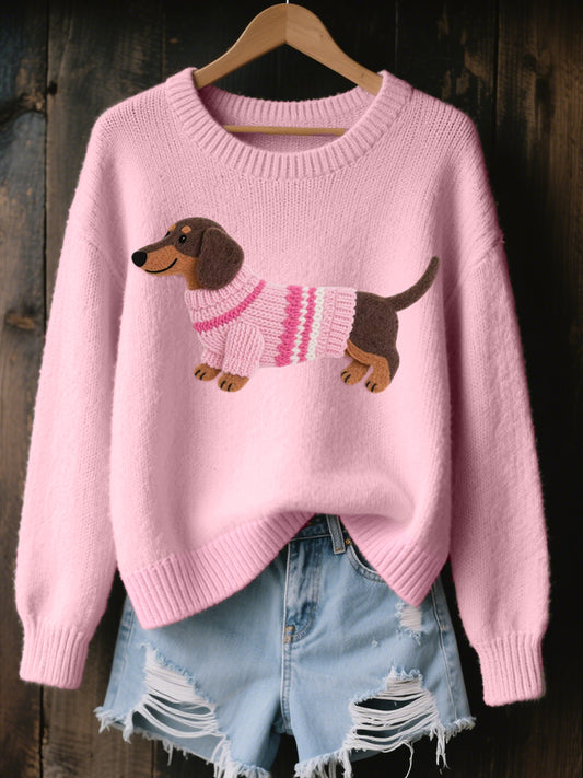 Pull confortable en tricot à motif de feutre de teckel pour femmes