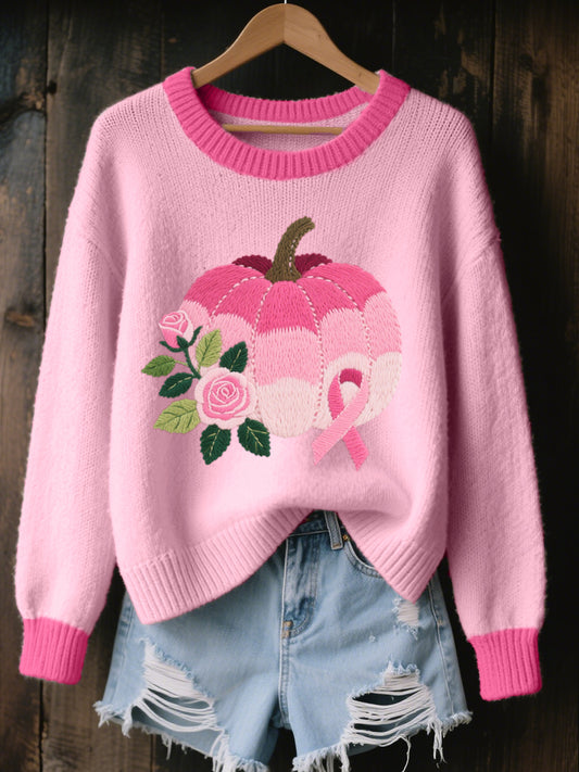 Pull Cozy Femme Rose Brodé Citrouille Et Rose