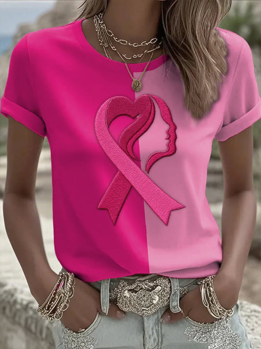 Femmes Casual Cancer Du Sein Amour Ruban Contraste Couleur T-shirt À Manches Courtes