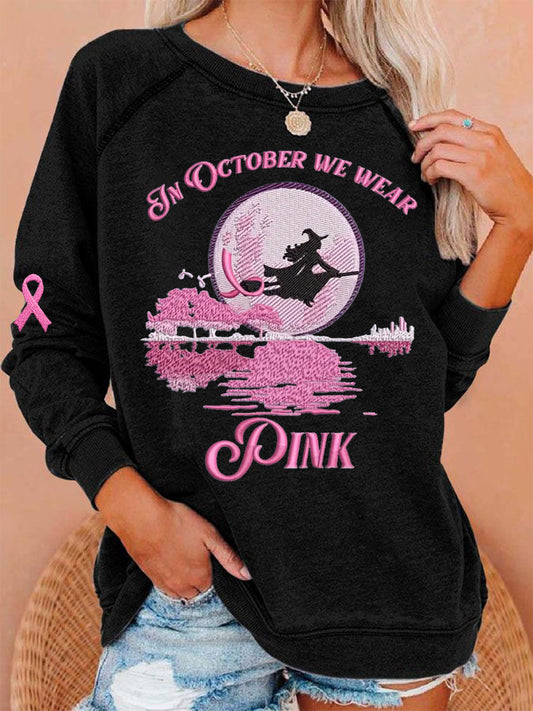 Femmes En Octobre Nous Portons Rose Halloween Sorcière Imprimer Cancer du sein Sensibilisation Sweatshirt