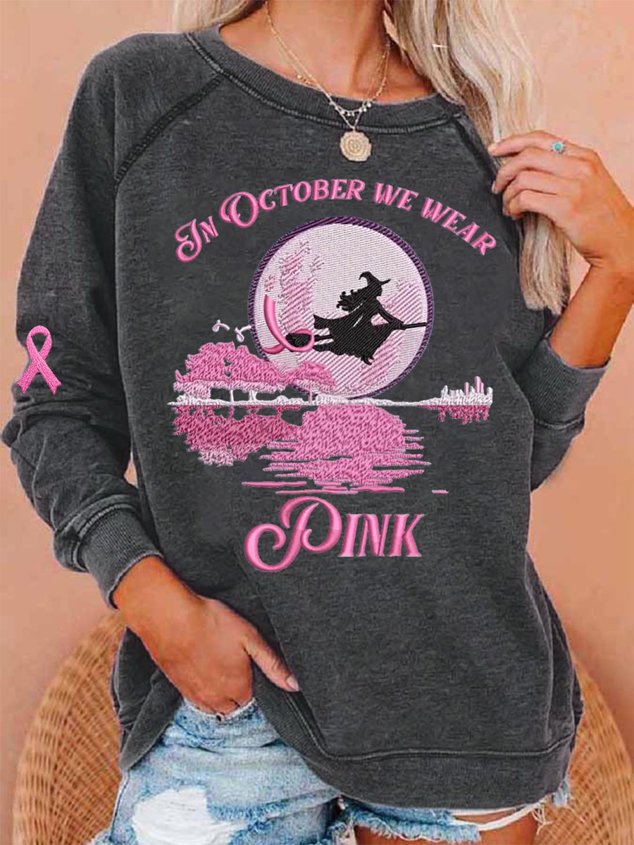Femmes En Octobre Nous Portons Rose Halloween Sorcière Imprimer Cancer du sein Sensibilisation Sweatshirt