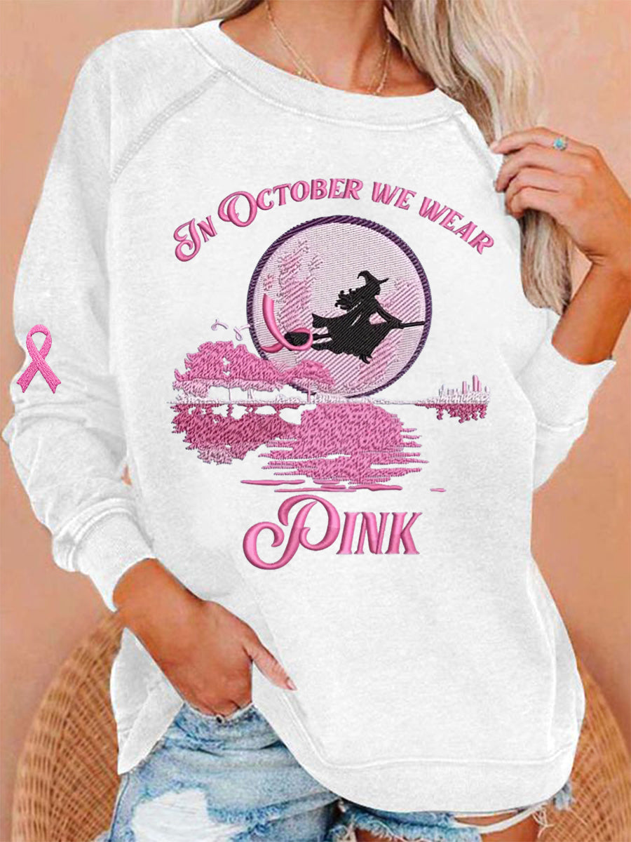 Femmes En Octobre Nous Portons Rose Halloween Sorcière Imprimer Cancer du sein Sensibilisation Sweatshirt