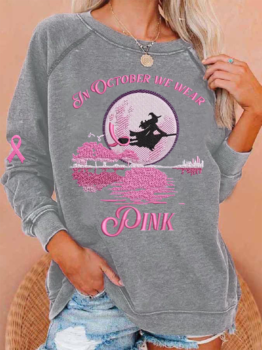 Femmes En Octobre Nous Portons Rose Halloween Sorcière Imprimer Cancer du sein Sensibilisation Sweatshirt