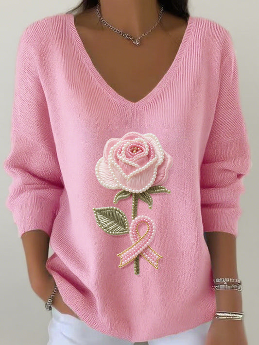 Top Côtelé Femme Rose Rose Brodé De Perles Col V