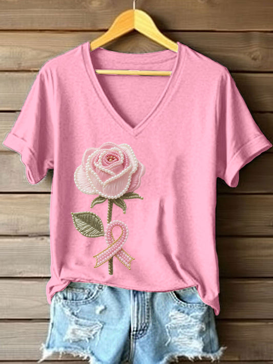 T-shirt à col en V rose brodé de perles pour femme