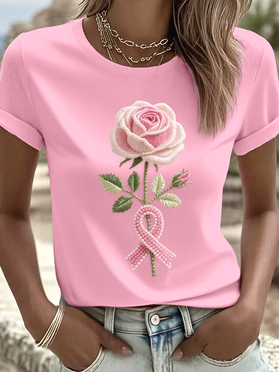 T-shirt Femme Rose Brodé De Perles Rose