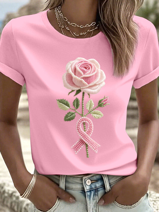 T-shirt Femme Rose Brodé De Perles Rose
