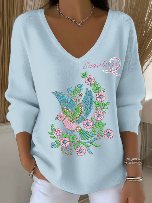 Top Femme Vintage Oiseau Et Art Floral Col V