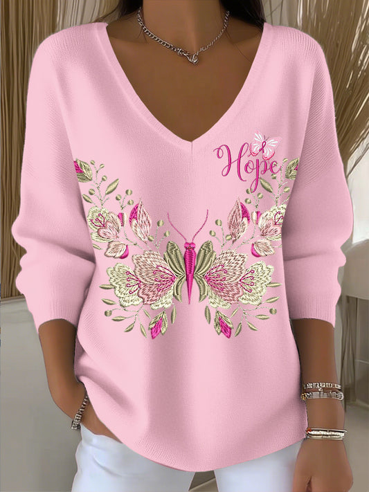 Vintage Floral Butterfly Art V-Neck Top Femme