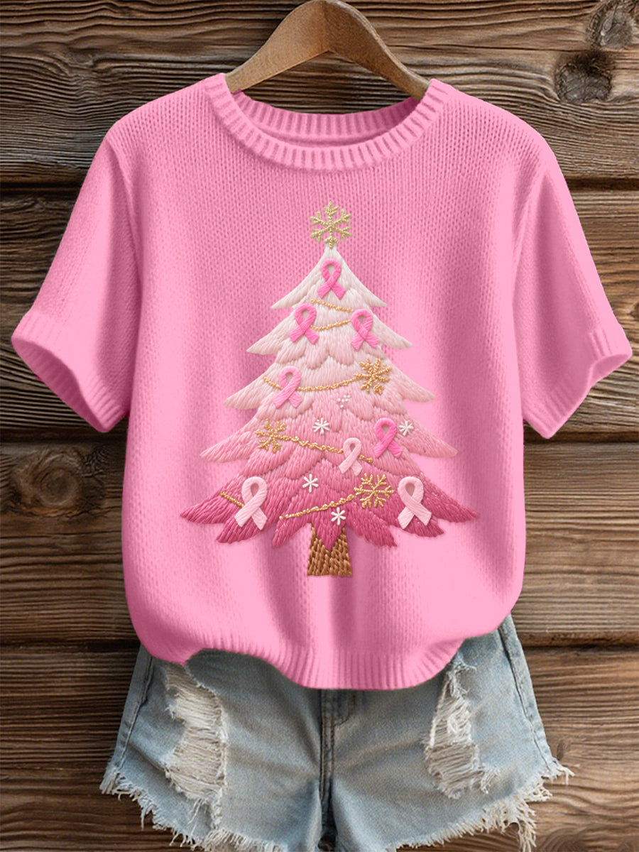 Haut en tricot confortable brodé d'arbre de Noël rose pour femmes