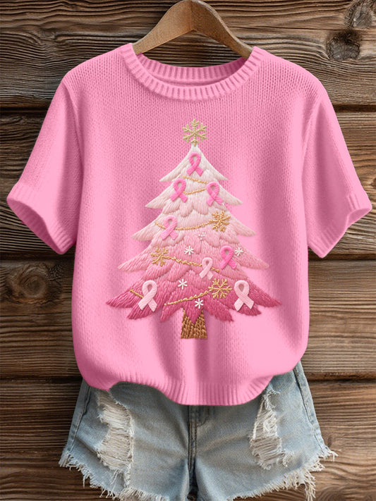 Haut en tricot confortable brodé d'arbre de Noël rose pour femmes