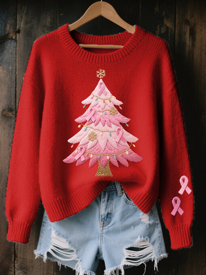 Pull Femme Rose Brodé Arbre De Noël Cozy En Tricot