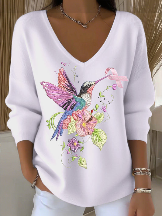 Pull à col en V brodé de fleurs et colibri violet clair simple et élégant pour femme