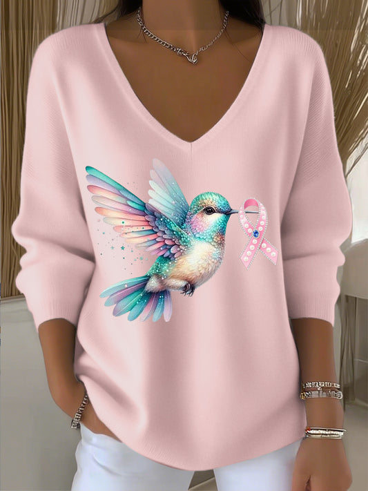 Pull col V femme diamant rose clair colibri et ruban