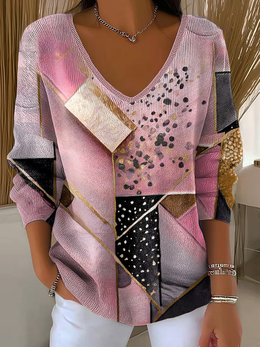 Top à col en V imprimé art rose pour femme