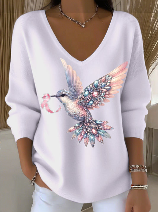 Pull col V femme violet clair colibri diamant et ruban