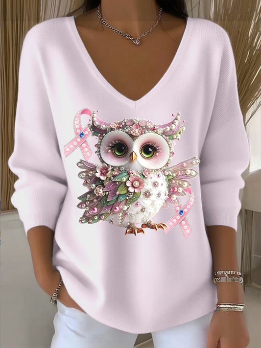 Pull à col en V mignon hibou diamant rose clair pour femme