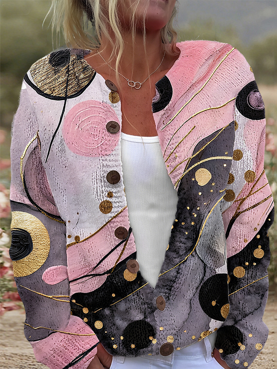 Veste Femme Rose Imprimé Art Cardigan En Tricot