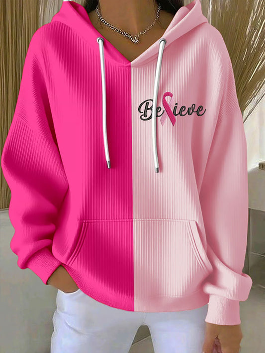 Sweat à Capuche Décontracté Femme Rose Ruban Imprimé Sensibilisation au Cancer du Sein