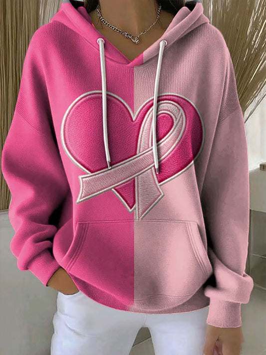 Sweat à Capuche Décontracté Femme Rose Ruban Imprimé Sensibilisation au Cancer du Sein
