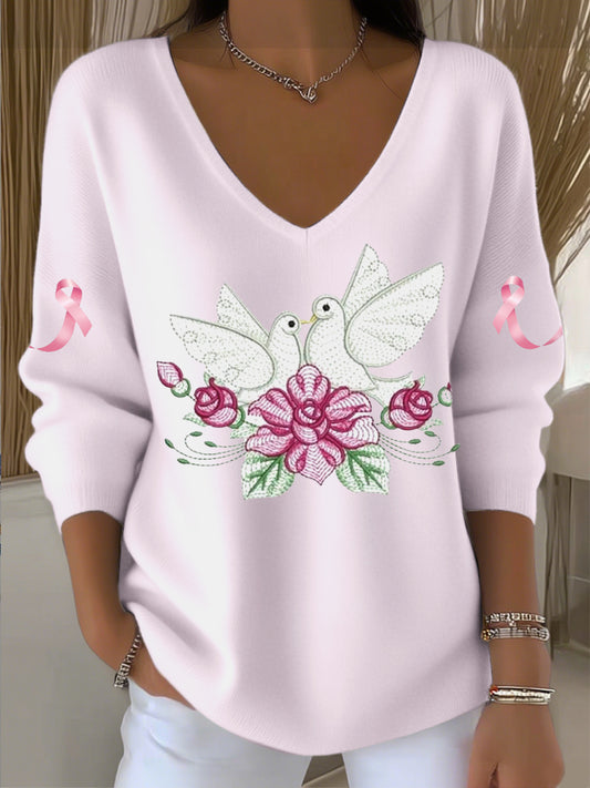 Pull à col V rose clair brodé mignon pigeon pour femme