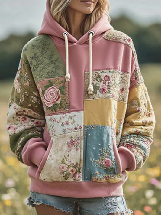 Sweat à capuche surdimensionné chaud confortable patchwork floral vintage pour femmes