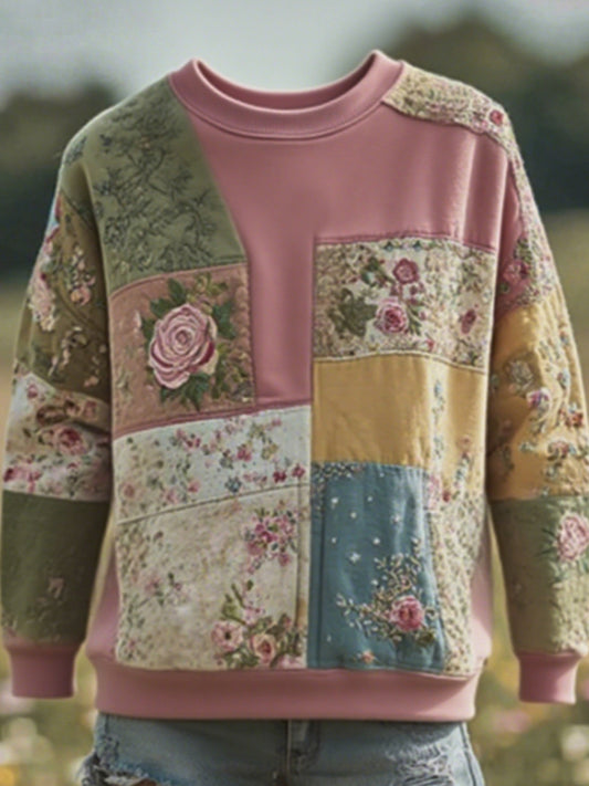 Femmes Rétro Floral Patchwork Confortable Col Ras Du Cou Chaud Pull Surdimensionné